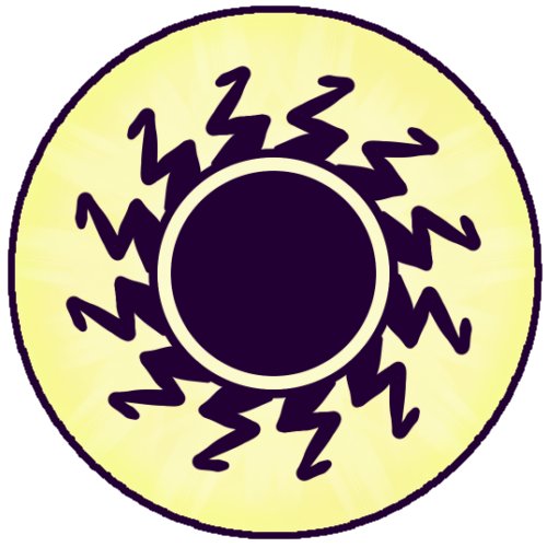 A yellow-white circle textured to resemble a ball of light, with a very dark purple icon on the sun inside. The sun icon is a circle with six points around it.